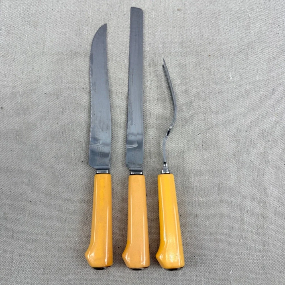 Vintage Regent Cutlery Deereedge Carving Set Sheffield England Yellow Bakelite